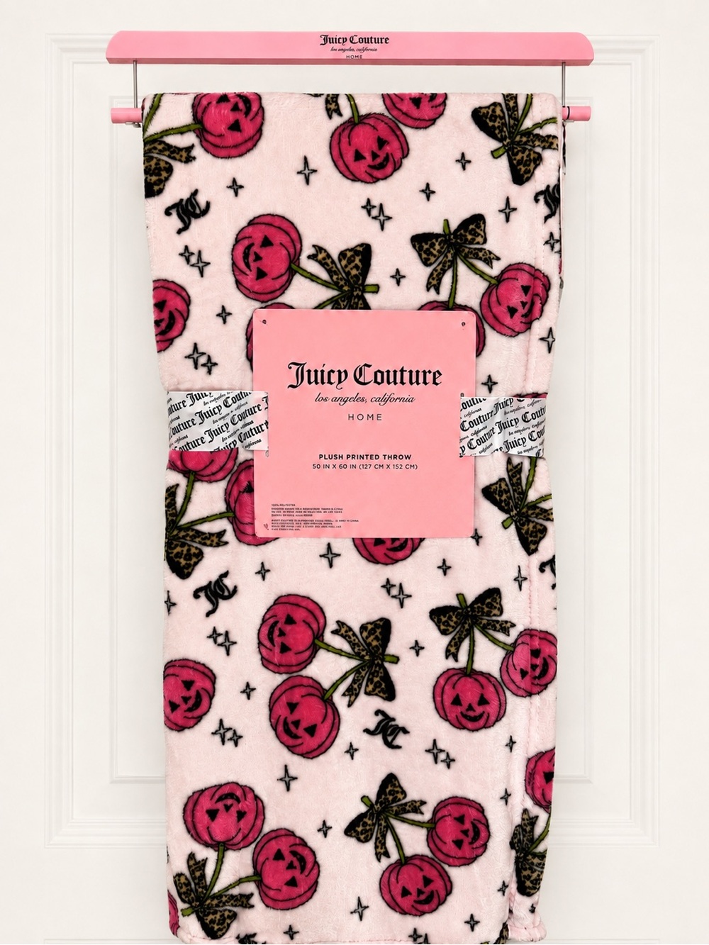 Juicy Couture Pink Plush Throw blanket with leopard Pumpkin cherries Print